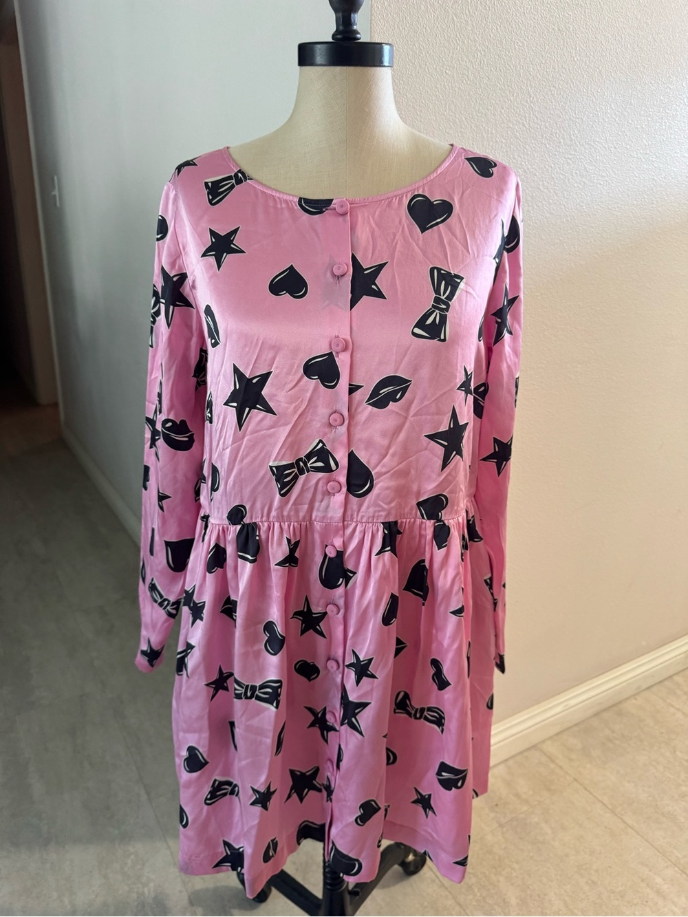 Moschino Pink Nightgown with Black Star, Heart & Bow Prints